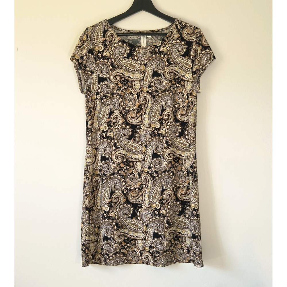 Tacera Black Gold Brown Cream Paisley Shift Dress Size PL